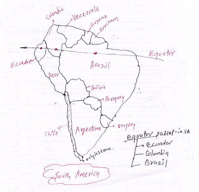 On the political map of South America, draw the equator. Mark the countries through which the equator passes