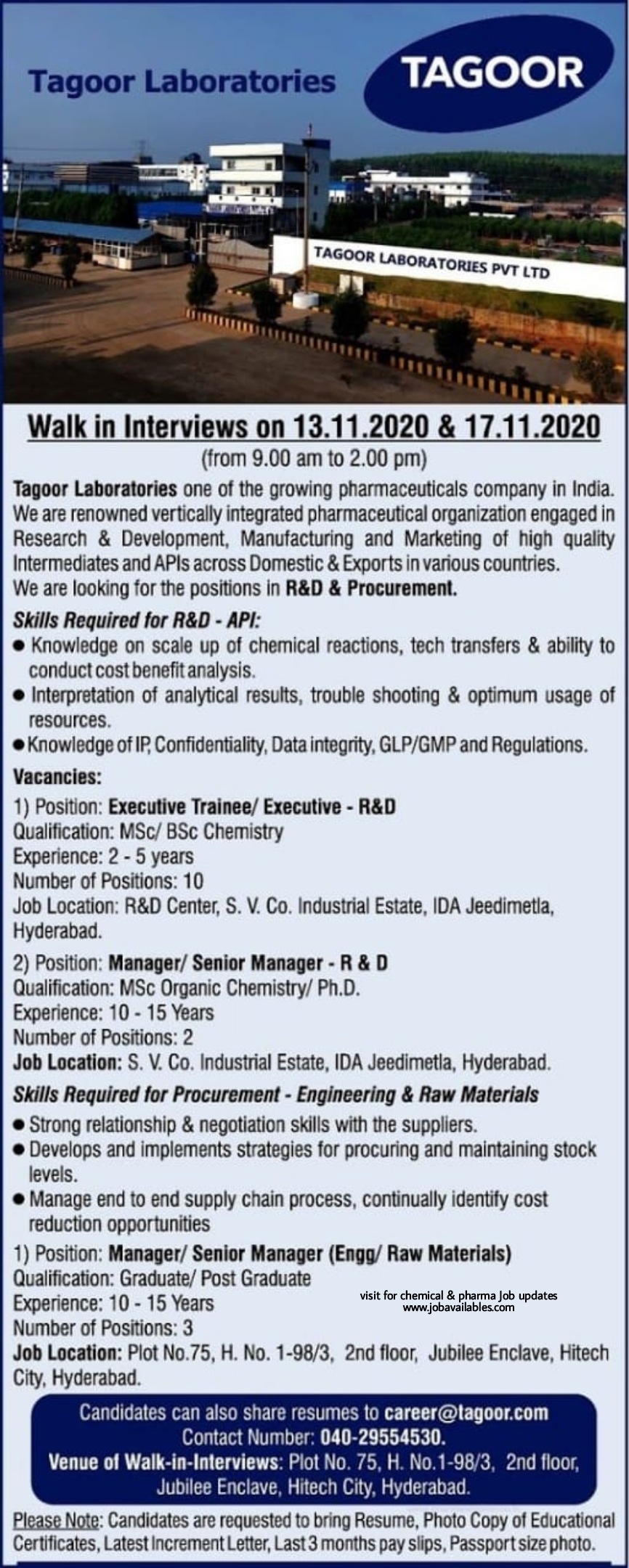 Job Availables, Tagoor Laboratories Interview For Msc/ Bsc/ Ph.D - R&D/ Procurement  Dept