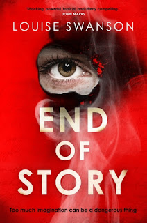 Cover for book "End of Story" by Louise Swanson. An eye peeks through a gap in a red ground, swirls of smoke rising to meet it from the bottom of the cover. Along the bottom, the words "This much imagination can be a dangerous thing".