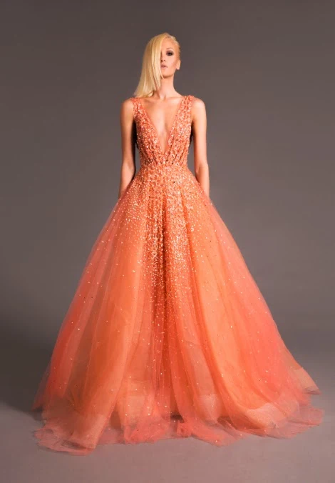 peach sequined ball gown by Lebanese designer Jad Ghandour