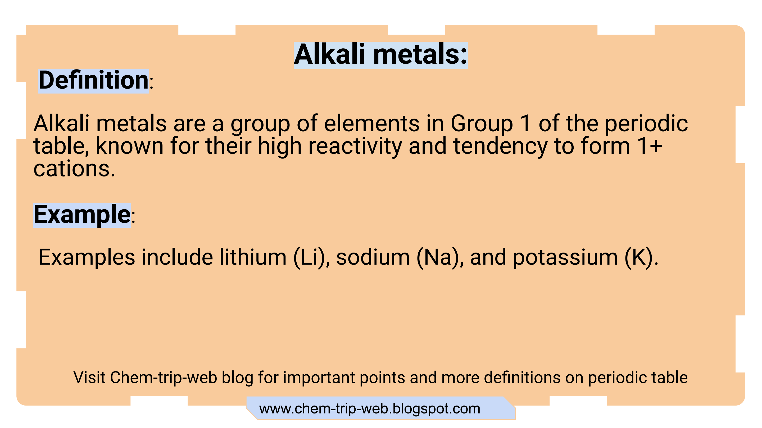 Alkali metals are a group of elements in Group 1 of the periodic table, known for their high reactivity and tendency to form 1+ cations.Examples include lithium (Li), sodium (Na), and potassium (K). chem-trip-web