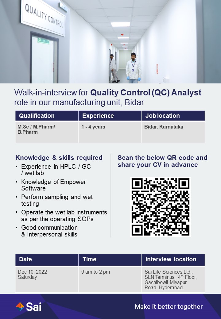 Job Availables, Sai Life Sciences Ltd Walk-in Interview For Quality Assurance/ Quality Control