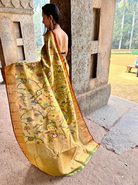 Double tissue kota doria saree gold color with floral jaal