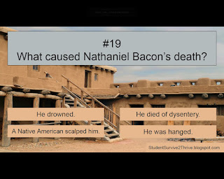 What caused Nathaniel Bacon’s death? Answer choices include: He drowned. He died of dysentery. A Native American scalped him. He was hanged.