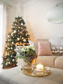 christmas home decor in gold and white featuring baubles and accessories from Dunelm, Laura Ashley, Sainsbury's and Hobbycraft