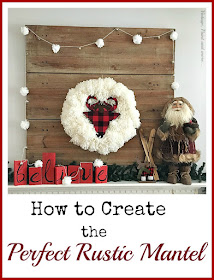 Vintage, Paint and more... A vintage rustic farmhouse mantel created using a diy BELIEVE sign, a diy pom-pom garland and a diy yarn wreath with a buffalo plaid wood deer head