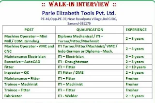 Parle Elizabeth Tools Pvt Ltd Recruitment ITI Fitter/ Electrician/ Machinist/ Turner/ Welder/ Draughtsman and Diploma Mechanical Holders