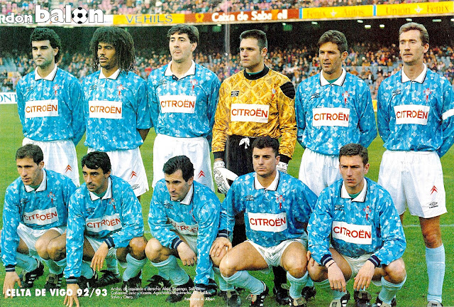 REAL CLUB CELTA DE VIGO. Temporada 1992-93. Alejo, Engonga, Patxi Salinas, Cañizares, Juric, Vicente. Aguirrechu, Gil, Salillas, Salva y Otero. F. C. BARCELONA 2 REAL CLUB CELTA DE VIGO 0. 03/01/1993. Campeonato de Liga de 1ª División, jornada 16. Barcelona, Nou Camp. GOLES: 1-0: 36’, Nadal. 2-0: 42’, Witschge.