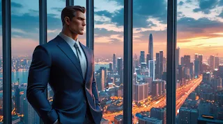 A confident man in a suit looking at a city skyline from a high-rise office, symbolizing success and ambition.