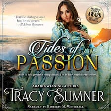 Tides of Passion audiobook cover. A pretty young woman in a voluminous gown sitting on rocks by the sea.