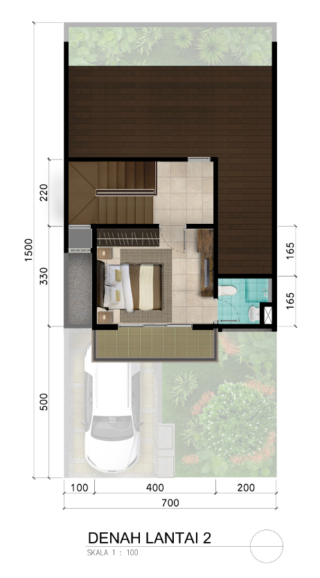 Denah rumah minimalis ukuran 7x15 meter 2 kamar tidur 2 