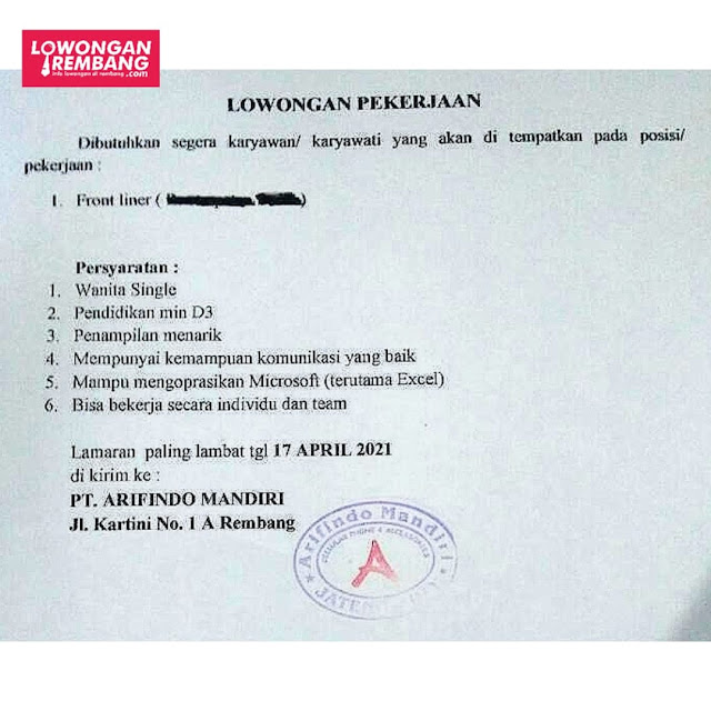 Lowongan Kerja Pegawai Front Liner PT Arifindo Mandiri Telkomsel Rembang