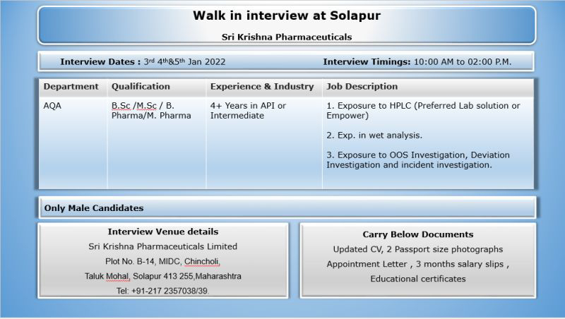Job Availables,Sri Krishna Pharmaceuticals Walk-In-Interview For B.Sc/ M.Sc / B.Pharma/ M.Pharma