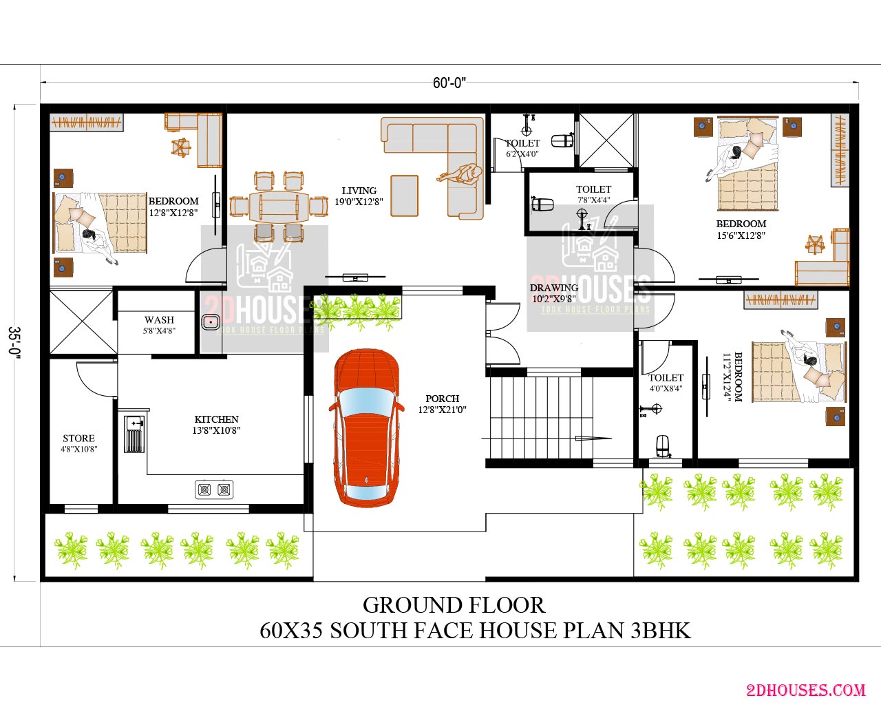 South facing 60 x 35 house plans 3bhk