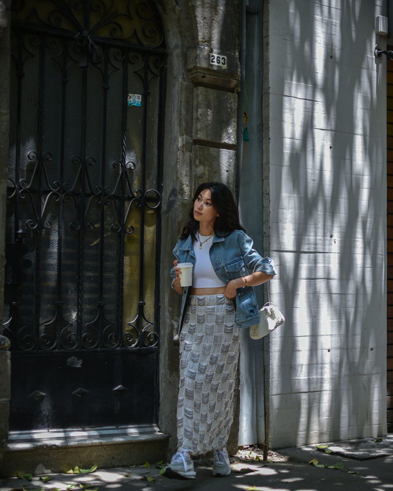 Denim jacket and beaded skirt outfit idea, long skirt outfit, embellished skirt casual outfit - FOREVERVANNY.com