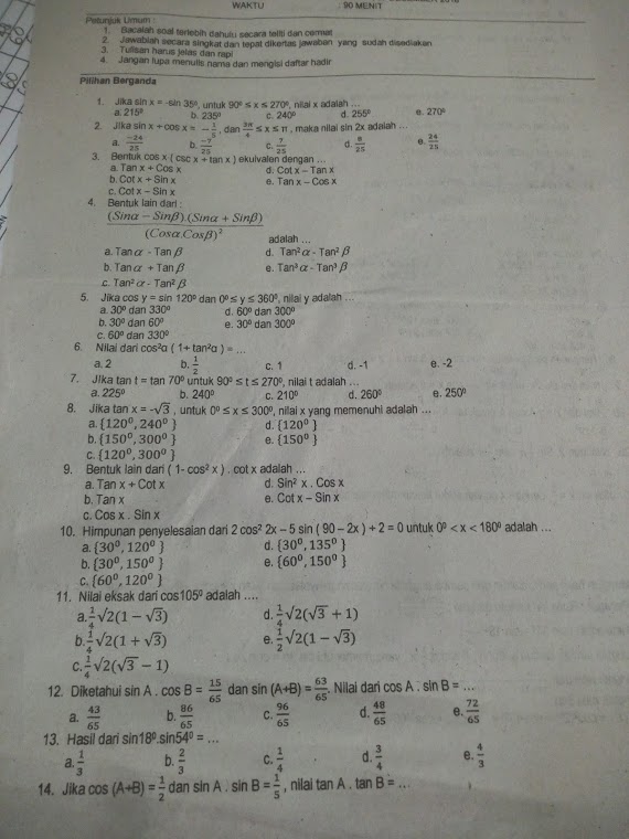 Soal Matematika Kelas 11 Pilihan Ganda