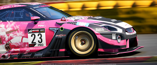 Picture from Assetto Corsa Competizione: a Nissan GTR Nismo GT3 in the Queens' Design colours. It is pink with matte black and glossy white accents. On the sides is Victoire Laviolette, the team's mascot.