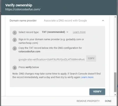 search console dns verification