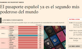 Ranking de pasaportes publicado en Expansión, por número de países a los que se puede acceder sin visado. España, con otros 5 países, ocupa el "nivel 2". Pero en el nivel 1 hay dos países.