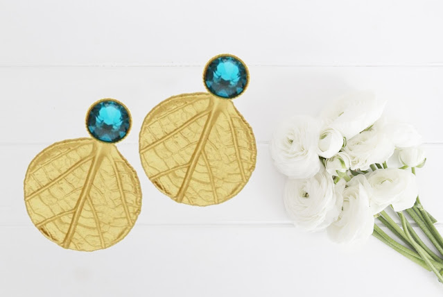 turquoise crystal gemstone leaf-inspired stud earrings