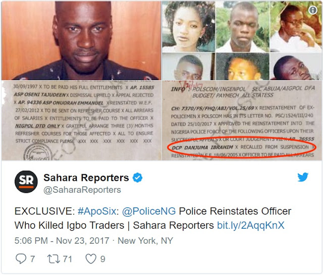 #ApoSix: Nigerian Police Reinstates Officer Who Killed Six Igbo Traders in Abuja (See Documents)