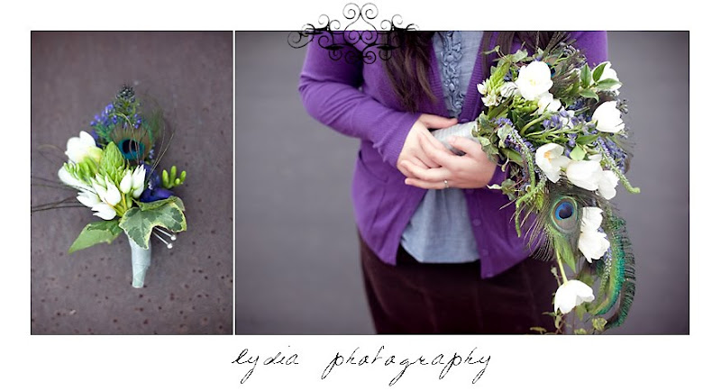 Purple, white, and peacock feather bouquet and boutonniere by Melody Joy Floral at the Santa Rosa Wedding Expo