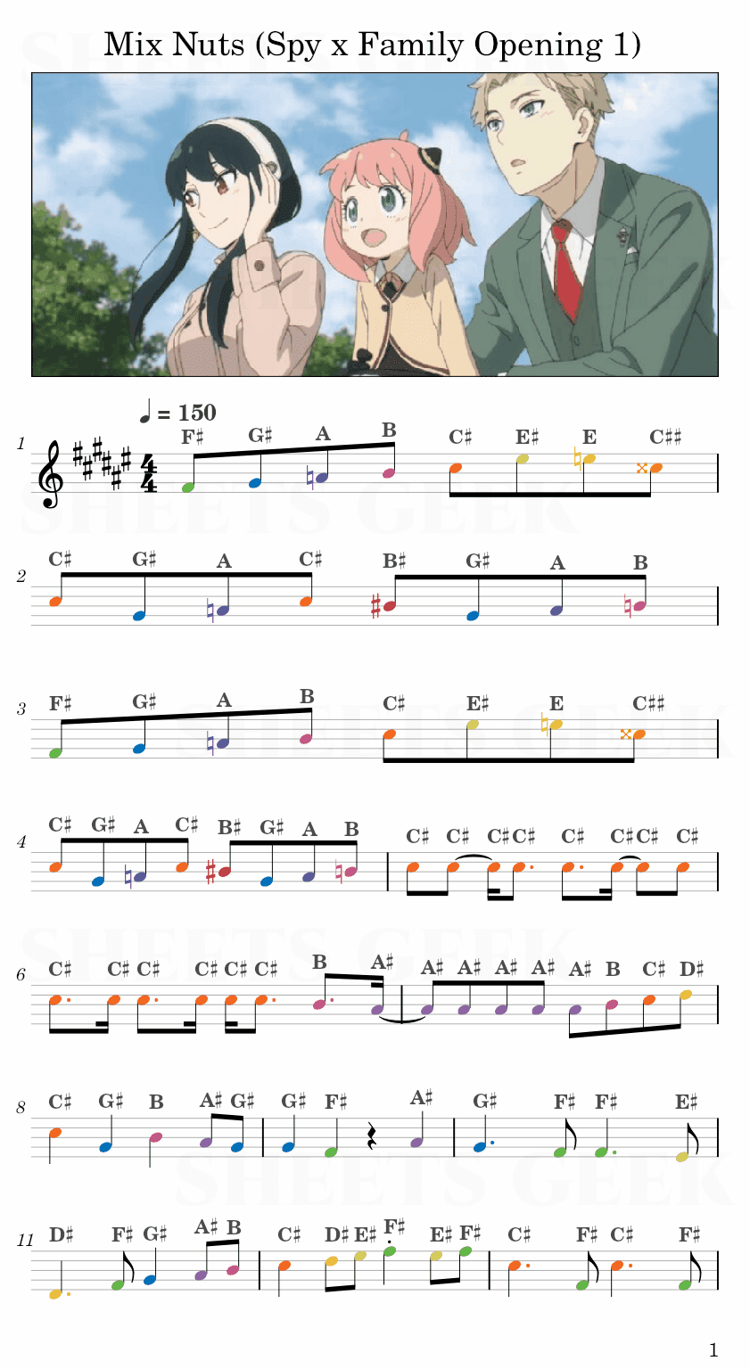 Mix Nuts - Official髭男dism (Spy x Family Opening 1) Easy Sheet Music Free for piano, keyboard, flute, violin, sax, cello page 1