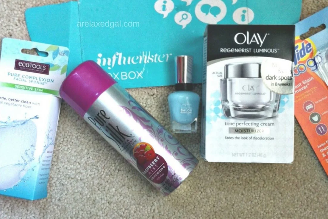 The olay, eco tools, sally hansen, and pure silk products in the Influenster Vox Box.