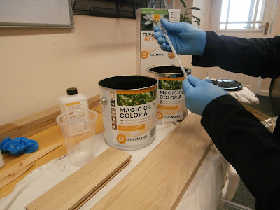 mixing a bespoke colour using Pallmann Magic Oil 2K on a sample piece of solid oak wood