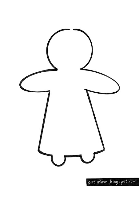 A coloring page of a gingerbread person with a skirt / Värityskuva piparkakkuihmisestä jolla on jame