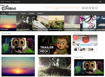 Digbug Video Responsive design Stylish slideshow For Video, Movie site, Photography blog White, Black color SEO ready Masonry Gallery style Right sidebar Premium design top five social bookmark ready 2 Columns layout 4 Columns Footer Blogger Template Download