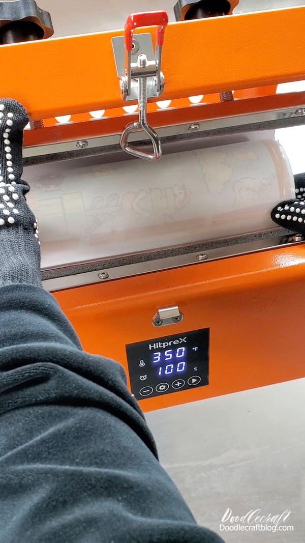 Then set the temperature to 350* and the timer to 100.   Let the heat press reach the desired temperature, then the machine will beep.    Then click the start button and it will count down the time.