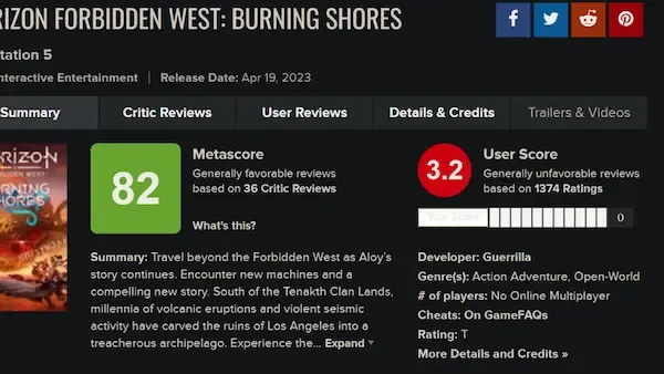 موقع Metacritic يخطط لتغيير نظام تقييم الألعاب من طرف المستخدمين بعد واقعة المحتوى الإضافي Burning Shores