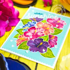 Sunny Studio Stamps: Hawaiian Hibiscus Sunshine Word Die Frilly Frames Dies Hello Cards by Mona Toth and Franci Vignoli