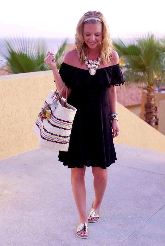 pom pom dress and beach tote