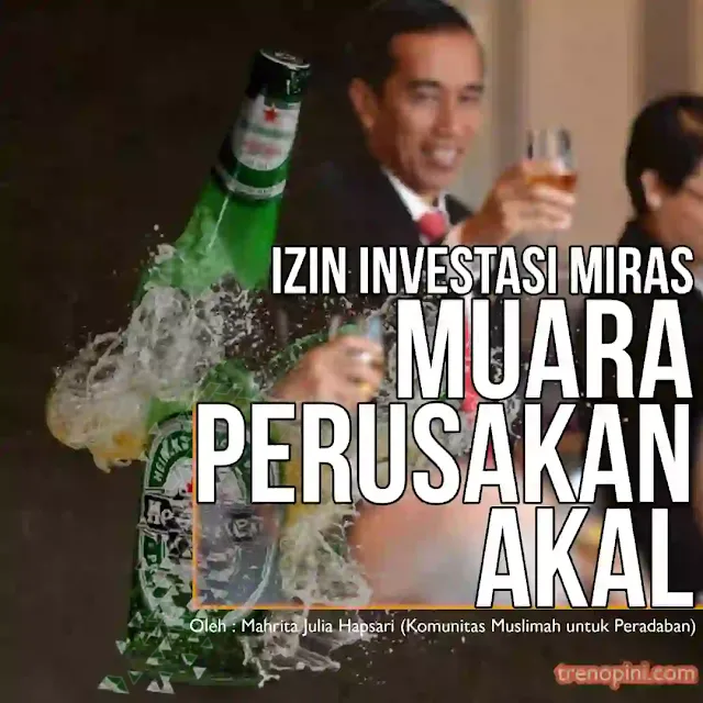 Izin investasi industri minuman keras (miras) atau beralkohol, baik skala besar maupun kecil, telah diteken oleh Presiden Jokowi. Tertuang dalam Peraturan Presiden (Perpres) No. 10 tahun 2021 tentang Bidang Usaha Penanaman Modal. Perpres ini merupakan derivasi UU No.11 tahun 2020 tentang Cipta Kerja atau UU Omnibus Law.