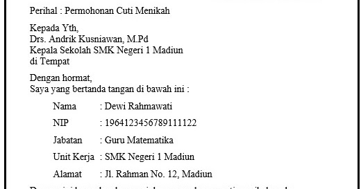 Contoh Surat Permohonan Cuti Menikah Untuk Guru