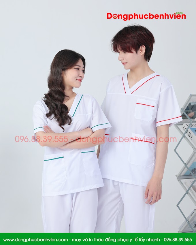 Bộ blouse cổ tim nam nữ- bộ scrubs kỹ thuật viên màu trắng có viền cộc tay cho bác sỹ, điều dưỡng, dược sỹ