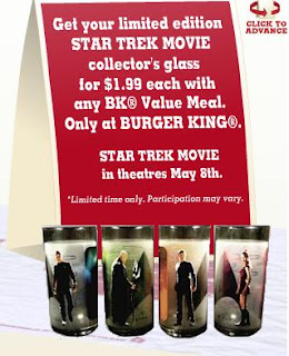 Burger King Star Trek Kids Meal Glasses Promotion 2009 - 4 Limited Edition Frosted Glasses at $1.99 each featuring Kirk/Enterprise/Uhuru/Enterprise/Nero/Narada/Spock/Jellyfish