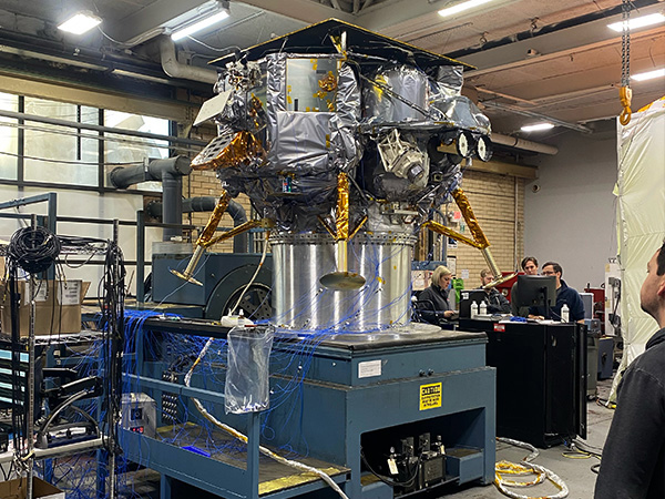 Astrobotic's Peregrine lunar lander undergoes vibration testing at the Dayton T. Brown, Inc. commercial test facility in Bohemia, New York.