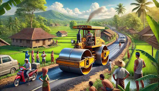 Setum alat berat proyek jalan di pedesaan Sunda sedang melindas aspal baru dengan latar sawah dan gunung.