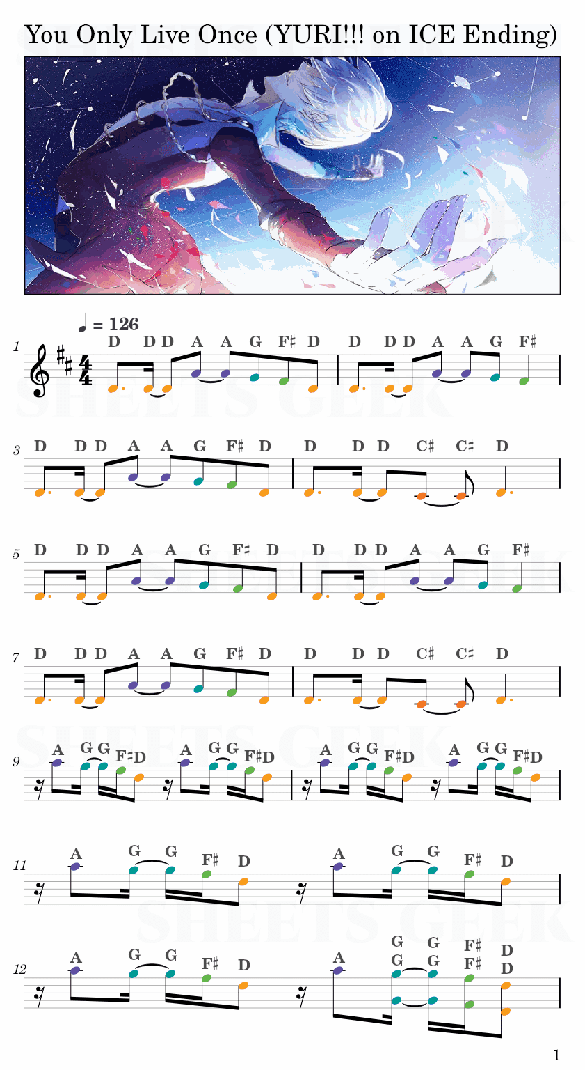 Wataru Hatano - You Only Live Once (YURI!!! on ICE Ending) Easy Sheet Music Free for piano, keyboard, flute, violin, sax, cello page 1