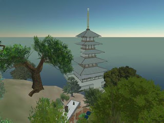 Second Life pagoda, river waterfall