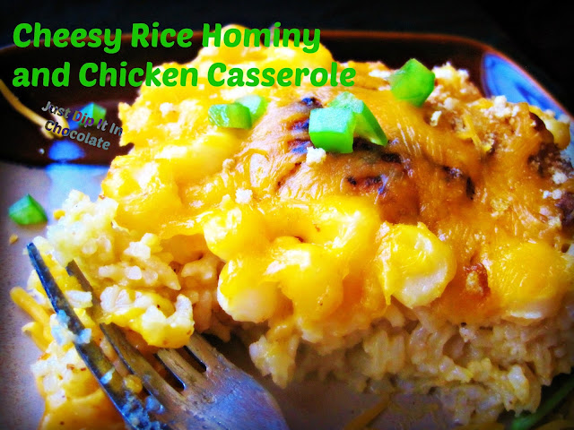 Cheesy Rice Hominy and Chicken Casserole, an easy and fast recipe for those days you need to feed your entire family but you don't feel like spending all day in the kitchen,, just bake it and serve! Bake 2 and freeze 1!!! Perfect!