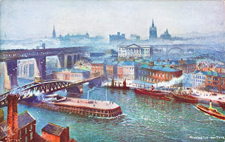 An old colour postcard of a painting showing two of the bridges across the Tyne, one of them being the High Level Bridge.  There are numerous old fashioned boats on the river and Newcastle is covered in a low smog from the many factories.  The postcard is by Tuck and is described as being a scene of The Busy Tyneside.