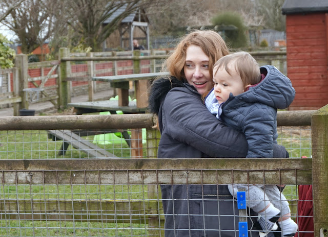 mother and son looking into distance