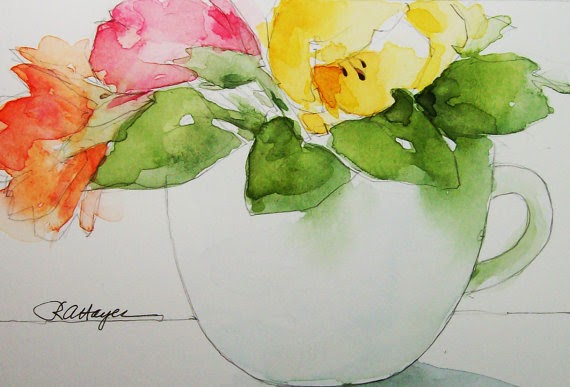 flowers in a coffee cup watercolor by Rose Ann Hayes