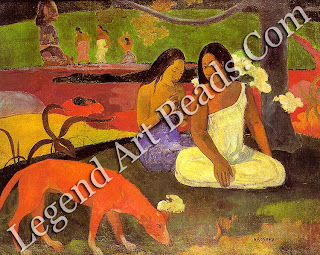 This decorative image, with its simplified shapes and intensified colour, evokes the relaxed, unhurried life which Gauguin sought in the South Sea Islands. 