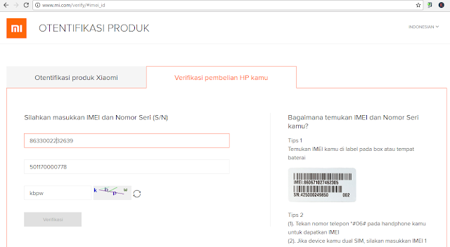 Gambar: Contoh Cek Keaslian Smartphone Xiaomi