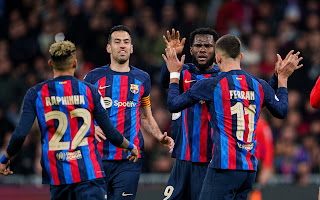 Barcelona players celebrate lone goal victory against Real Madrid at the Santiago Bernabeu on Thursday 2 March, 2023